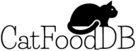 CatFoodDB logo featuring the text "CatFoodDB" with a silhouette of a cat sitting on the letters "DB.