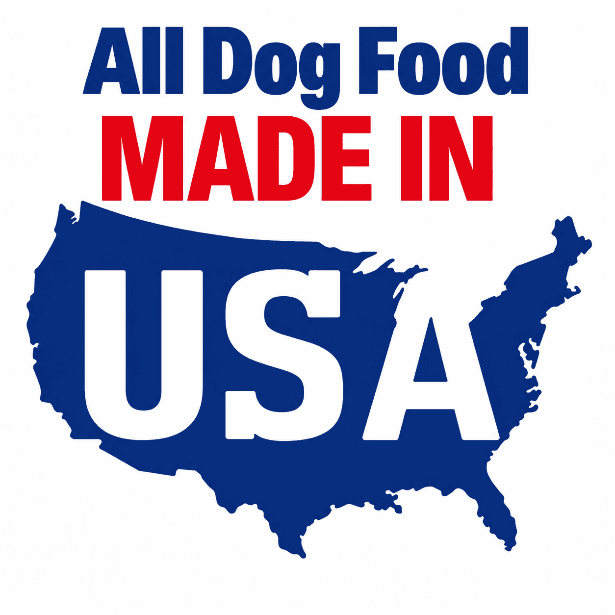Text reads “All Dog Food Made in USA” over a blue map of the United States. The word “MADE IN” is in red; the rest is in blue and white.