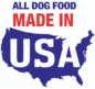 Text reads “All Dog Food Made in USA” over a blue silhouette of the United States.
