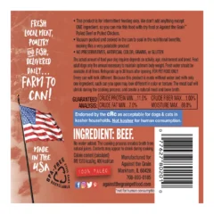 Nothing Else Beef dog food can label lists ingredient details, feeding instructions, and guaranteed analysis; highlights beef as the main ingredient and states the product is not for human consumption.