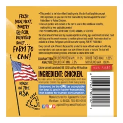 Label for Nothing Else Chicken pet food with product info, nutrition facts, chicken ingredient, feeding directions, company contact details, a farm-themed design, and “Made in the USA” text.