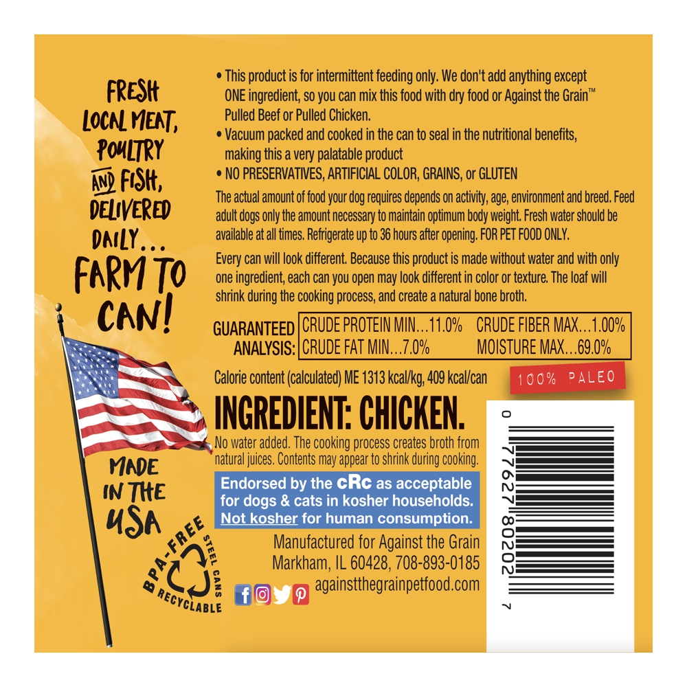 Label for Nothing Else Chicken pet food with product info, nutrition facts, chicken ingredient, feeding directions, company contact details, a farm-themed design, and “Made in the USA” text.