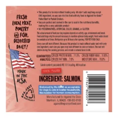 Pet food label featuring "Nothing Else Salmon," listing ingredients with salmon as the main ingredient, nutritional info, 100% paleo claim, feeding instructions, and a USA flag graphic.