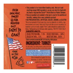 Nothing Else Turkey pet food label displays turkey as the main ingredient, guaranteed analysis, feeding guidelines, and notes it’s grain-free, made in the USA, and not for human consumption.