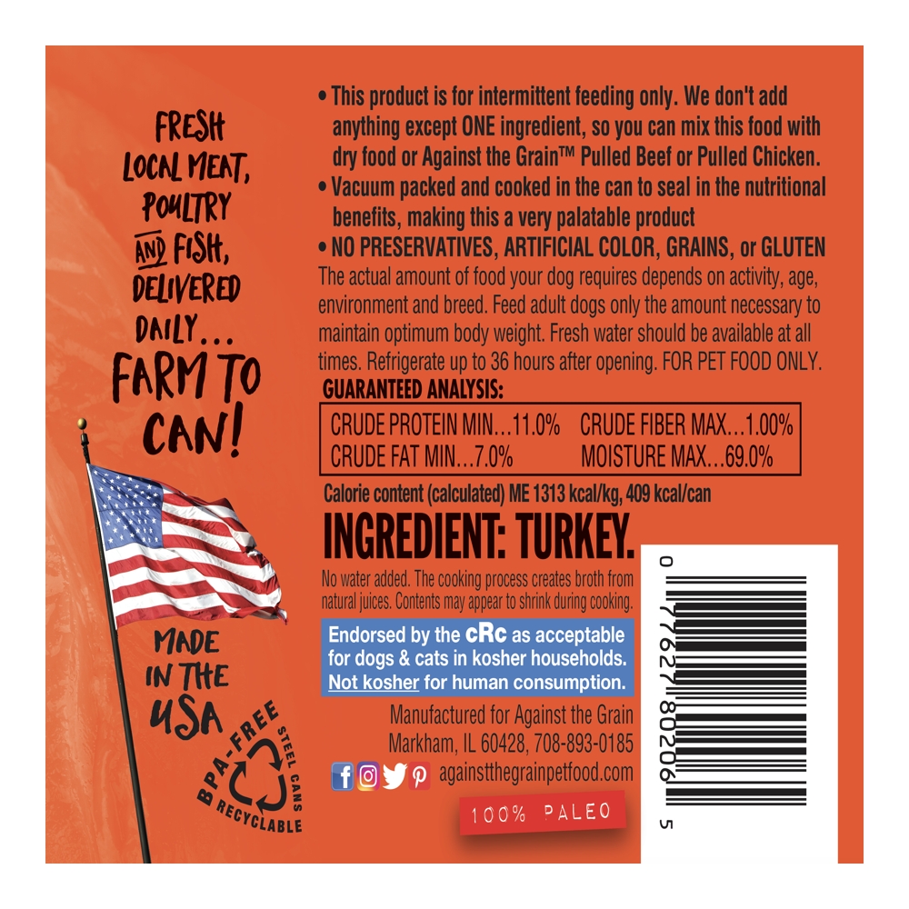 Nothing Else Turkey pet food label displays turkey as the main ingredient, guaranteed analysis, feeding guidelines, and notes it’s grain-free, made in the USA, and not for human consumption.