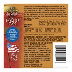 Label for Pulled Beef with Gravy Dinner for Dogs, listing ingredients, feeding instructions, guaranteed analysis, nutritional info, featuring "Made in the USA" and "Farm to Can" claims.