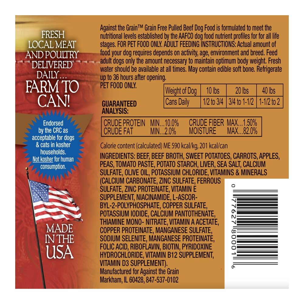 Label for Pulled Beef with Gravy Dinner for Dogs, listing ingredients, feeding instructions, guaranteed analysis, nutritional info, featuring "Made in the USA" and "Farm to Can" claims.
