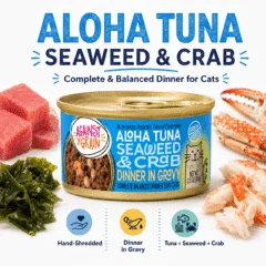 A can of Aloha Tuna with Crab & Seaweed cat food is surrounded by chunks of tuna, crab, and seaweed with product features listed below.