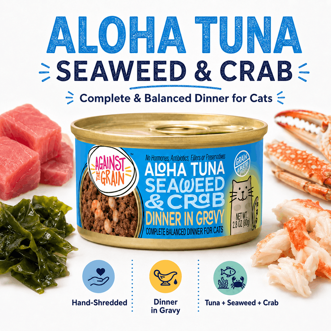 A can of Aloha Tuna with Crab & Seaweed cat food is surrounded by chunks of tuna, crab, and seaweed with product features listed below.