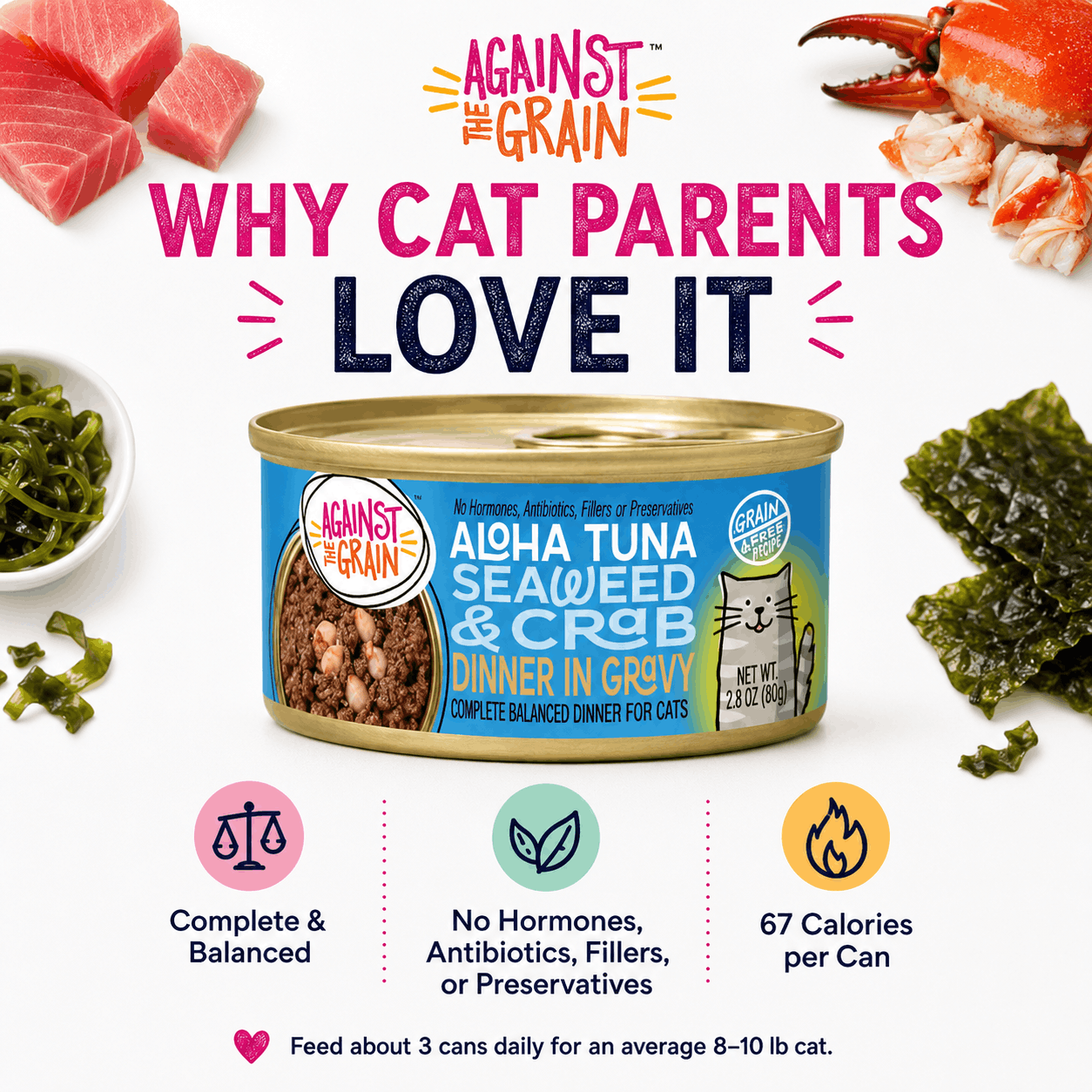 A can of Aloha Tuna with Crab & Seaweed cat food is shown; features include complete and balanced nutrition, no hormones or preservatives, 67 calories per can, plus feeding instructions.