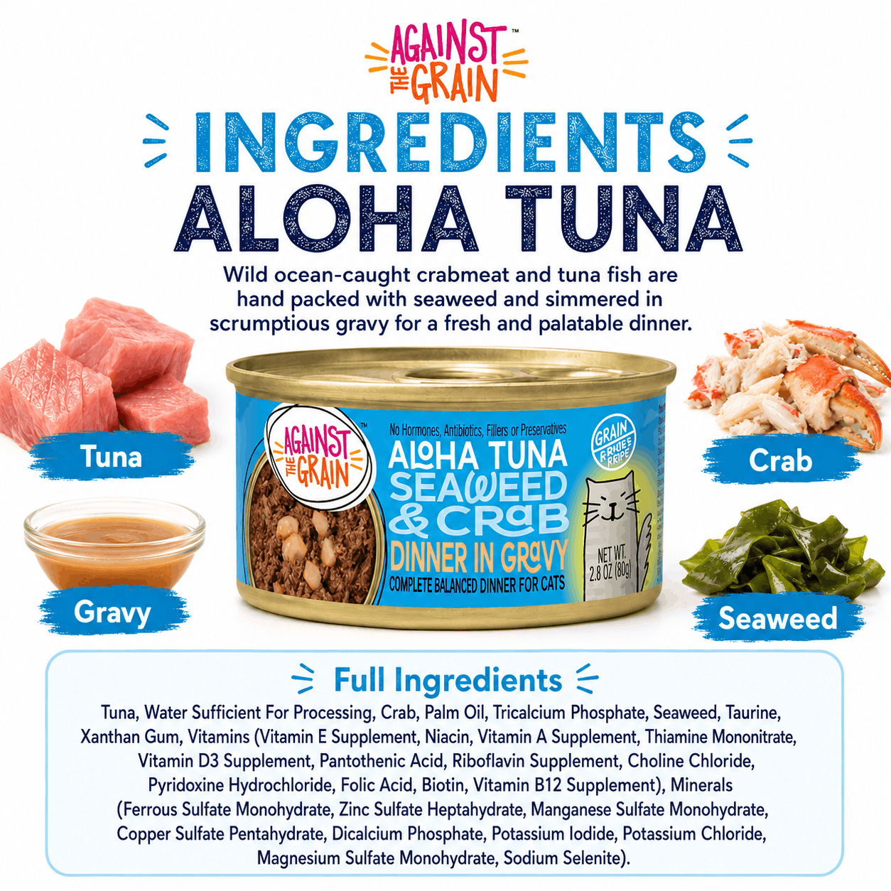 A can of Aloha Tuna with Crab & Seaweed cat food is shown, highlighting tuna, crab, seaweed, and gravy as main ingredients, with a comprehensive ingredient list displayed.