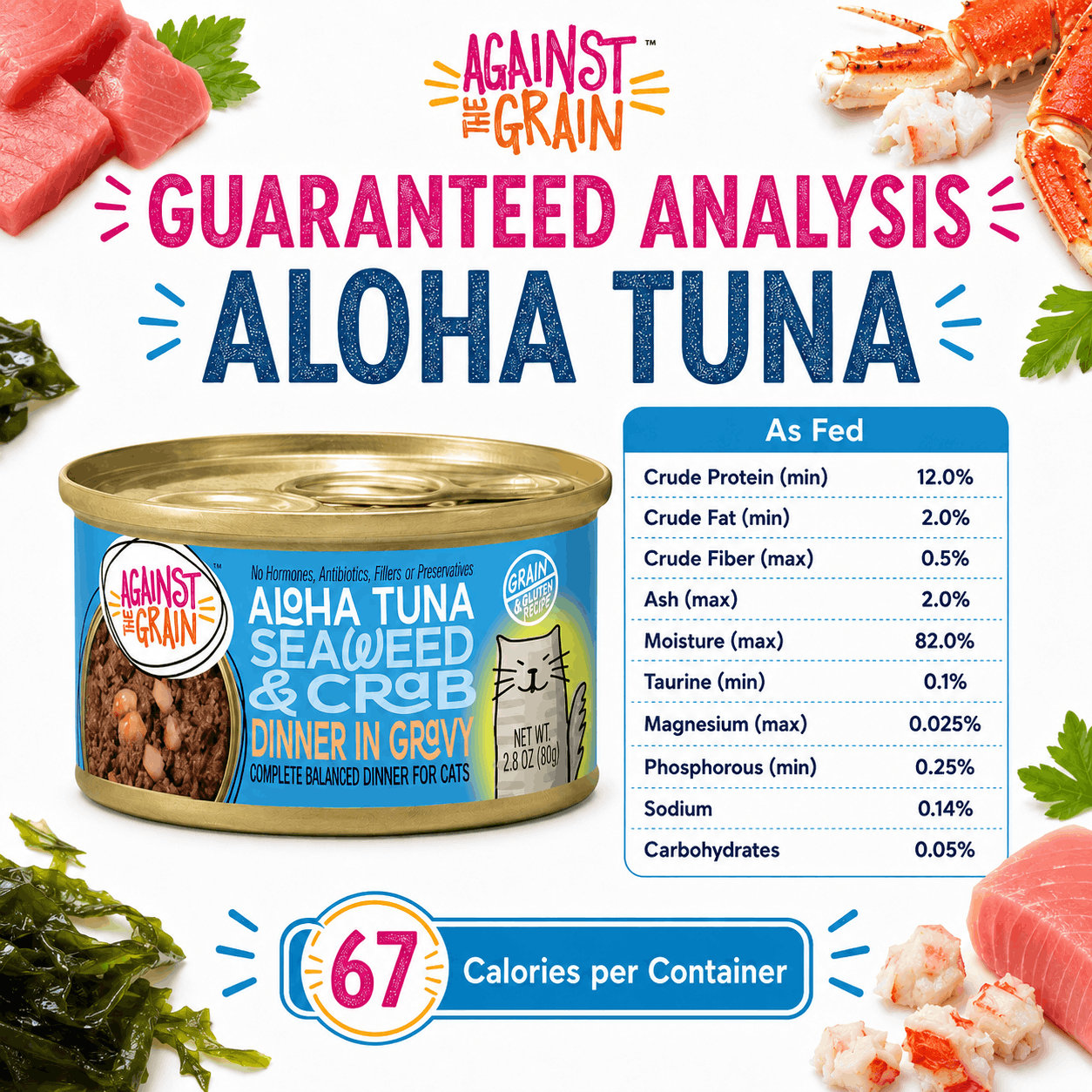 A can of Aloha Tuna with Crab & Seaweed cat food, featuring nutritional analysis and 67 calories per container, displayed amid seafood and greens.