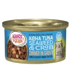 A can of Aloha Tuna with Crab & Seaweed cat food, featuring a blue label with product details and a cartoon cat illustration.