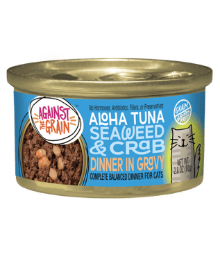 A can of Aloha Tuna with Crab & Seaweed cat food, featuring a blue label with product details and a cartoon cat illustration.