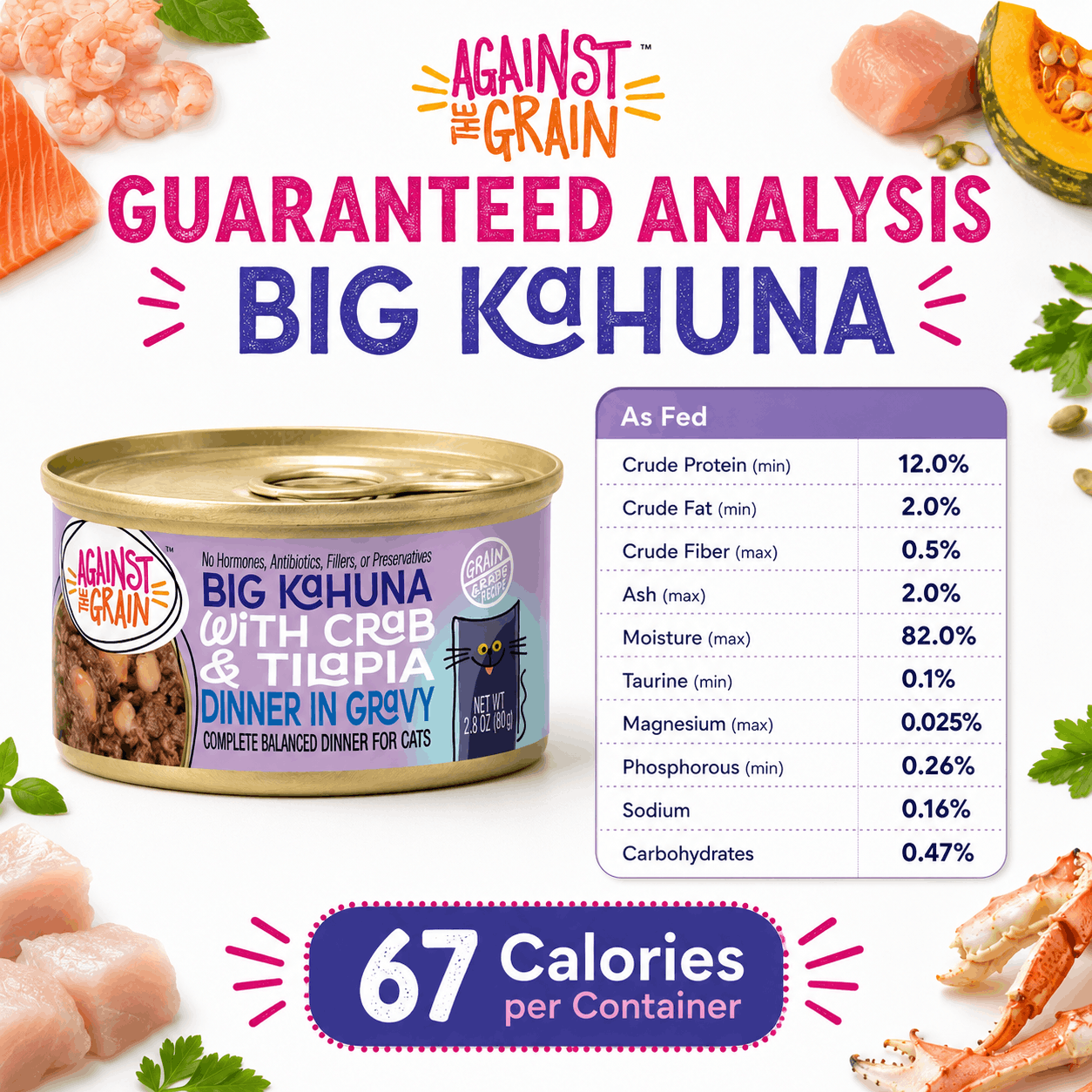 Can of Big Kahuna with Crab & Tilapia cat food, showing nutrition info and 67 calories per container on a colorful background.