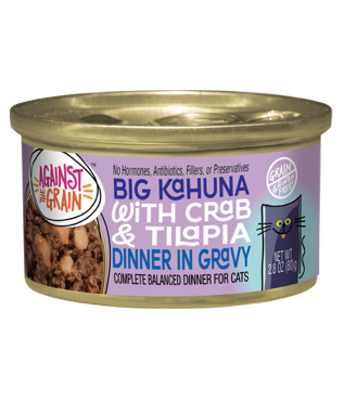A 2.8 oz can of Big Kahuna with Crab & Tilapia cat food, labeled grain free and balanced, in gravy.