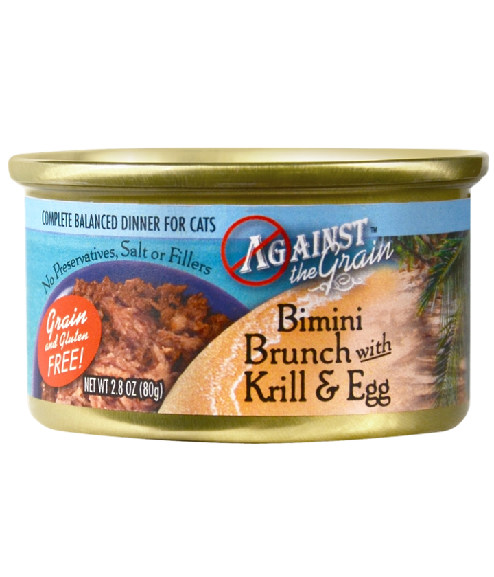 A can of Against the Grain Aloha Tuna with Crab & Seaweed cat food, labeled as grain and gluten free with no preservatives, salt, or fillers.