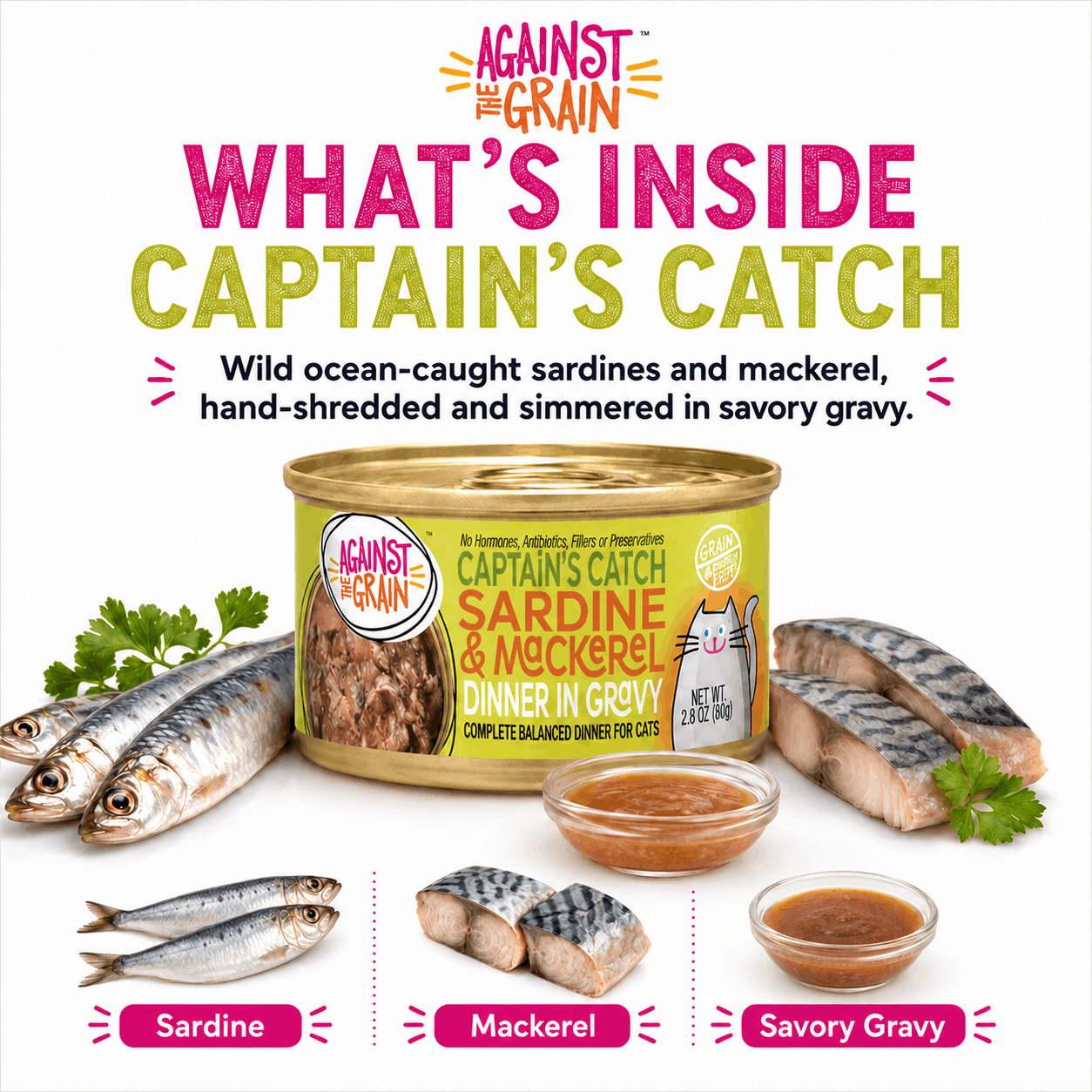 A can of Captain's Catch with Sardine & Mackerel cat food is displayed alongside images of sardines, mackerel, parsley, and savory gravy to showcase its main ingredients.