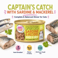 A can of Captain's Catch with Sardine & Mackerel is surrounded by fish and food chunks, with icons highlighting hand-shredded pieces, dinner in gravy, and wild ocean-caught fish.