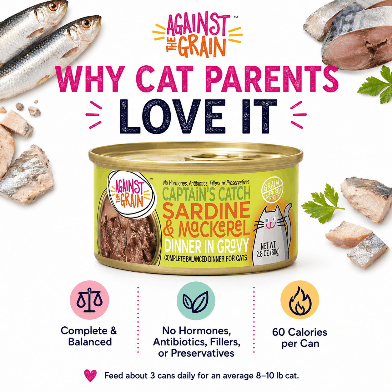 A can of Captain's Catch with Sardine & Mackerel cat food is surrounded by fish and icons showing its benefits: balanced, no additives, 60 calories per can, and feeding guidelines for cats.