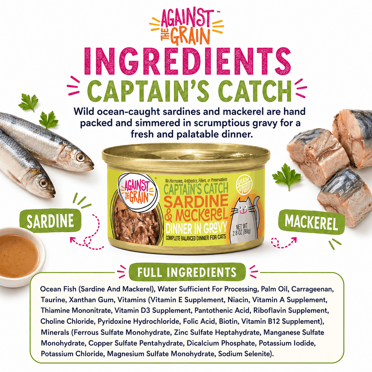 Can of Captain's Catch with Sardine & Mackerel cat food, displayed with whole fish and parsley, plus ingredients and product details shown around it.