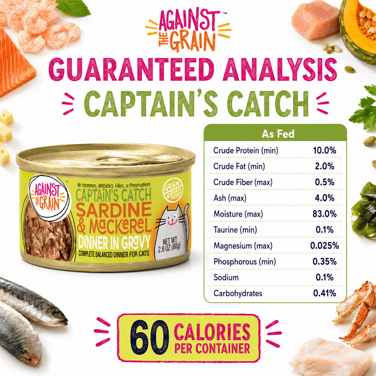 Can of Captain's Catch with Sardine & Mackerel cat food, showing nutritional analysis and ingredients; label states 60 calories per container.