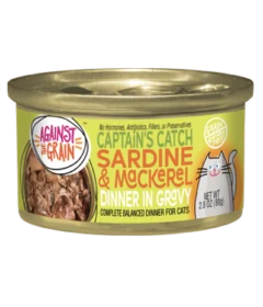A 2.8 oz can of Captain's Catch with Sardine & Mackerel cat food, featuring a cat illustration and product details on the label.