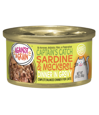 A 2.8 oz can of Captain's Catch with Sardine & Mackerel cat food, featuring a cat illustration and product details on the label.