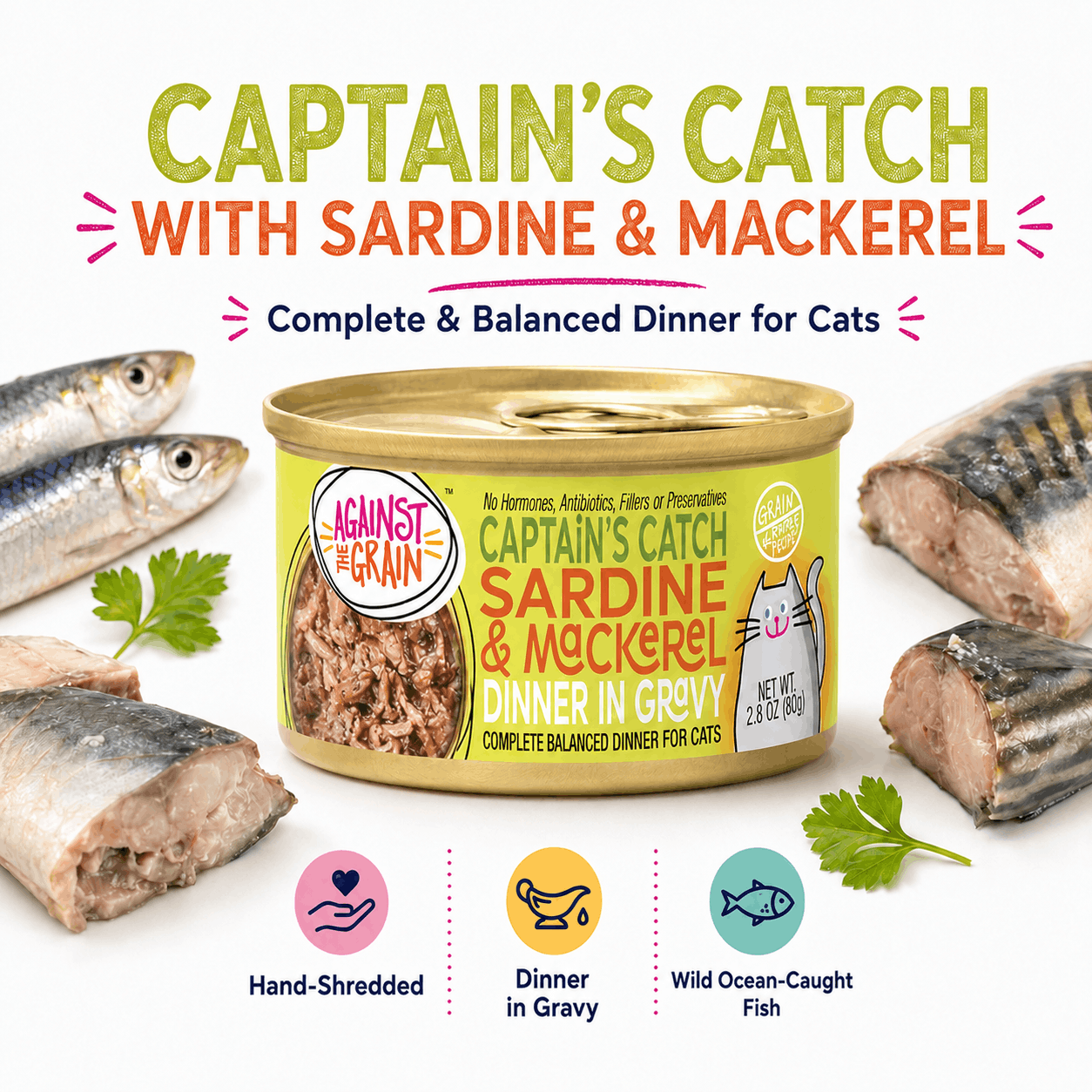 A can of Captain's Catch with Sardine & Mackerel is surrounded by fish and food chunks, with icons highlighting hand-shredded pieces, dinner in gravy, and wild ocean-caught fish.