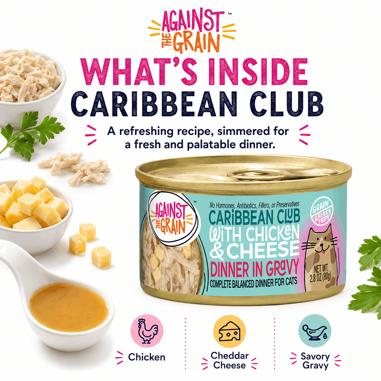 A can of Caribbean Club with Chicken & Cheese cat food is shown with chicken pieces, cheddar cheese cubes, and savory gravy, highlighting its key ingredients: chicken, cheese, and flavorful gravy.