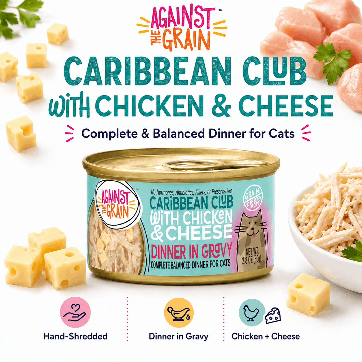 A can of Caribbean Club with Chicken & Cheese cat food is shown, featuring images of chicken, cheese, and highlights like hand-shredded meat and dinner in gravy.