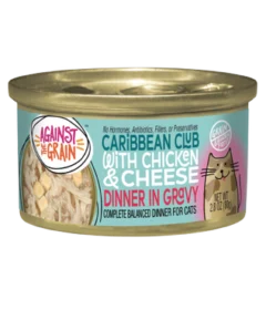 A 2.8 oz can of Caribbean Club with Chicken & Cheese, a complete balanced cat food in gravy.