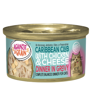 A 2.8 oz can of Caribbean Club with Chicken & Cheese, a complete balanced cat food in gravy.
