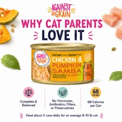 Chicken & Pumpkin Samba cat food offers complete balance, contains no hormones or fillers, and has 68 calories per can.