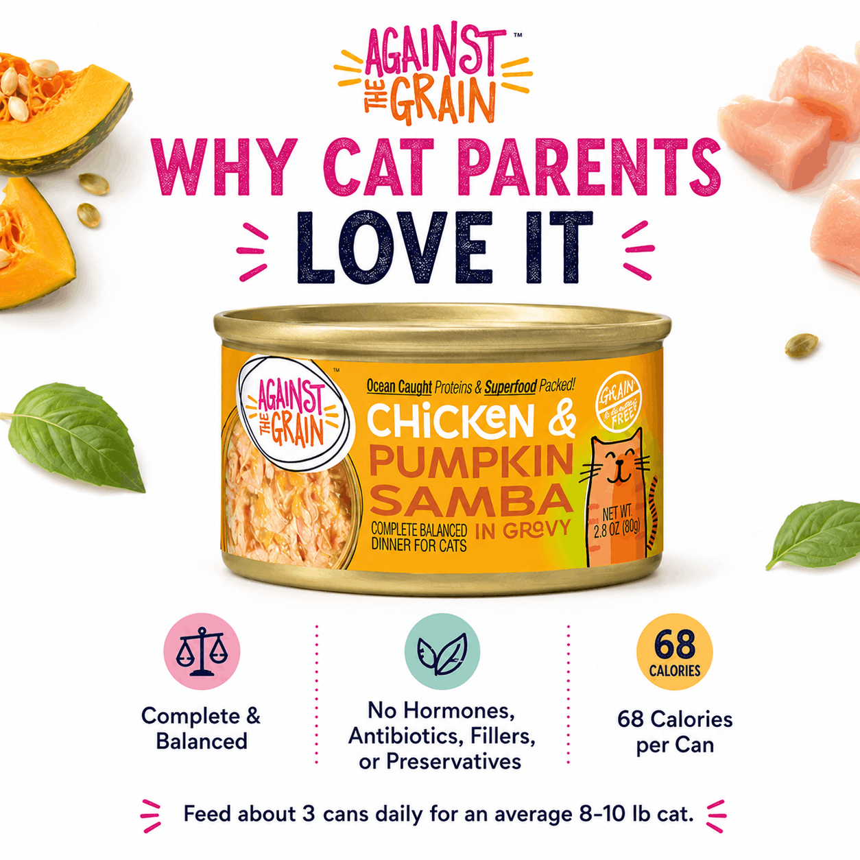 Chicken & Pumpkin Samba cat food offers complete balance, contains no hormones or fillers, and has 68 calories per can.