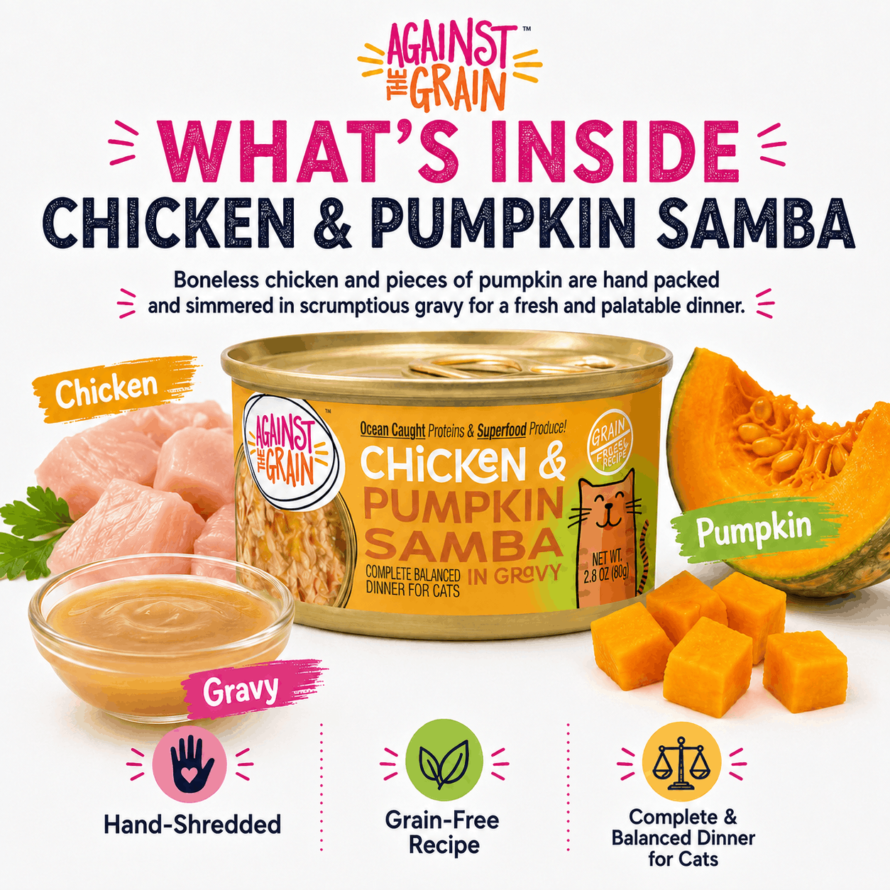 A can of Chicken & Pumpkin Samba cat food is shown, featuring labeled images of chicken, pumpkin, gravy, and icons highlighting hand-shredded texture, grain-free formula, and balanced nutrition.