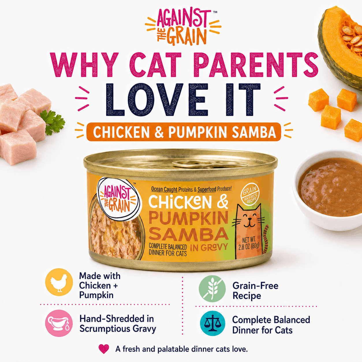 A can of Chicken & Pumpkin Samba cat food with chicken cubes, pumpkin, and gravy is shown, highlighting key features and benefits in text.