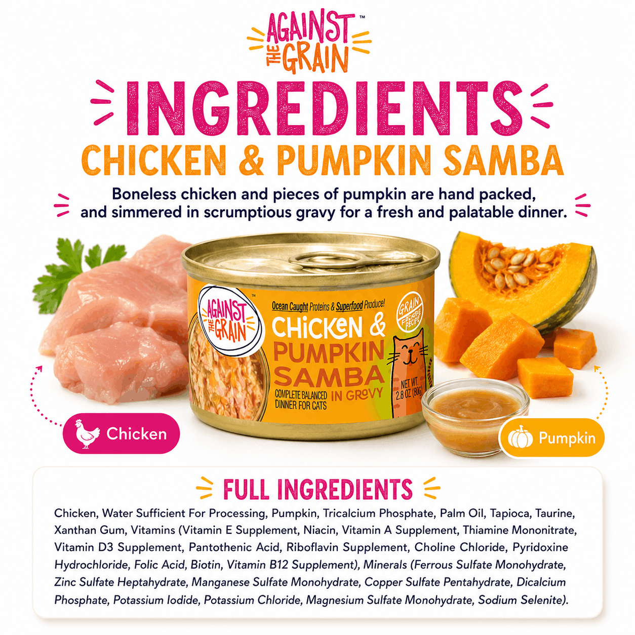 A can of Chicken & Pumpkin Samba cat food features visible chicken pieces, pumpkin slices, and the ingredients list shown on a white background.