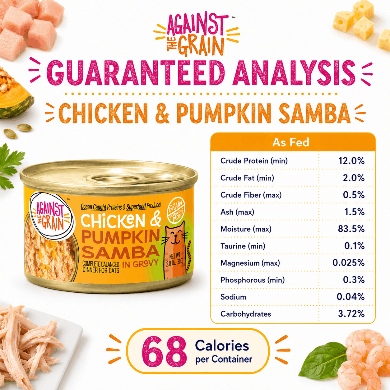 Chicken & Pumpkin Samba cat food can with nutritional analysis shown and 68 calories per container displayed.