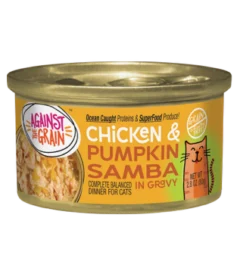 A can of Chicken & Pumpkin Samba cat food, featuring labeled ingredients and a cat illustration on the label.