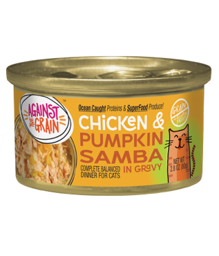 A can of Chicken & Pumpkin Samba cat food, featuring labeled ingredients and a cat illustration on the label.