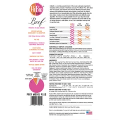 Hi Bio Beef 3.2 lbs pet food label includes an ingredient list, nutritional info, feeding directions, and highlights benefits like high protein, grain-free formula, single protein source, and high digestibility.