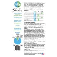 Back label of Hi Bio Chicken Super Food 3.2 Lbs displays ingredients, guaranteed analysis, nutrition info, feeding guidelines, and sustainability features with easy-to-read charts and icons.