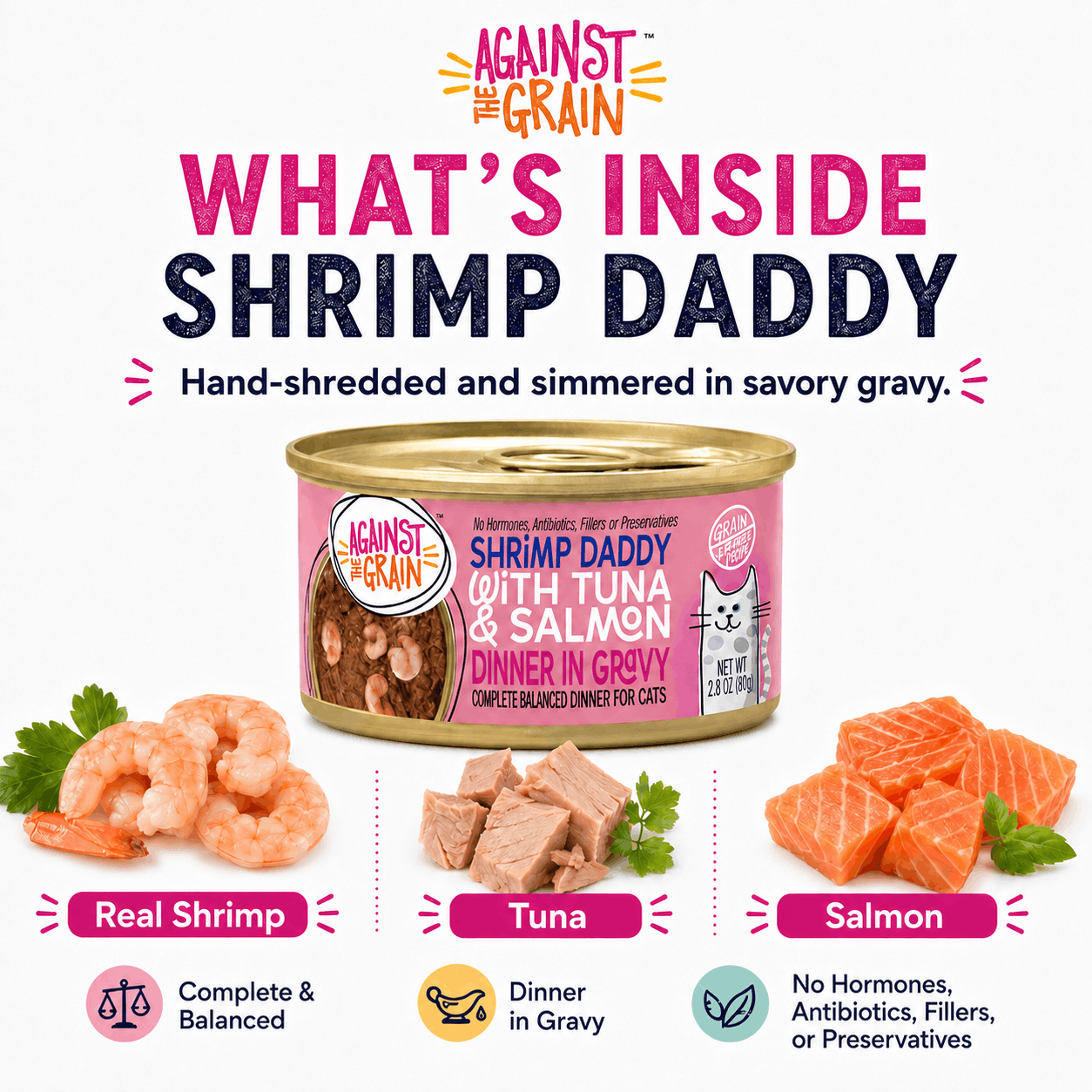A can of Shrimp Daddy with Tuna & Salmon cat food is shown, featuring images of shrimp, tuna, and salmon to highlight key ingredients and claims such as no hormones or fillers.