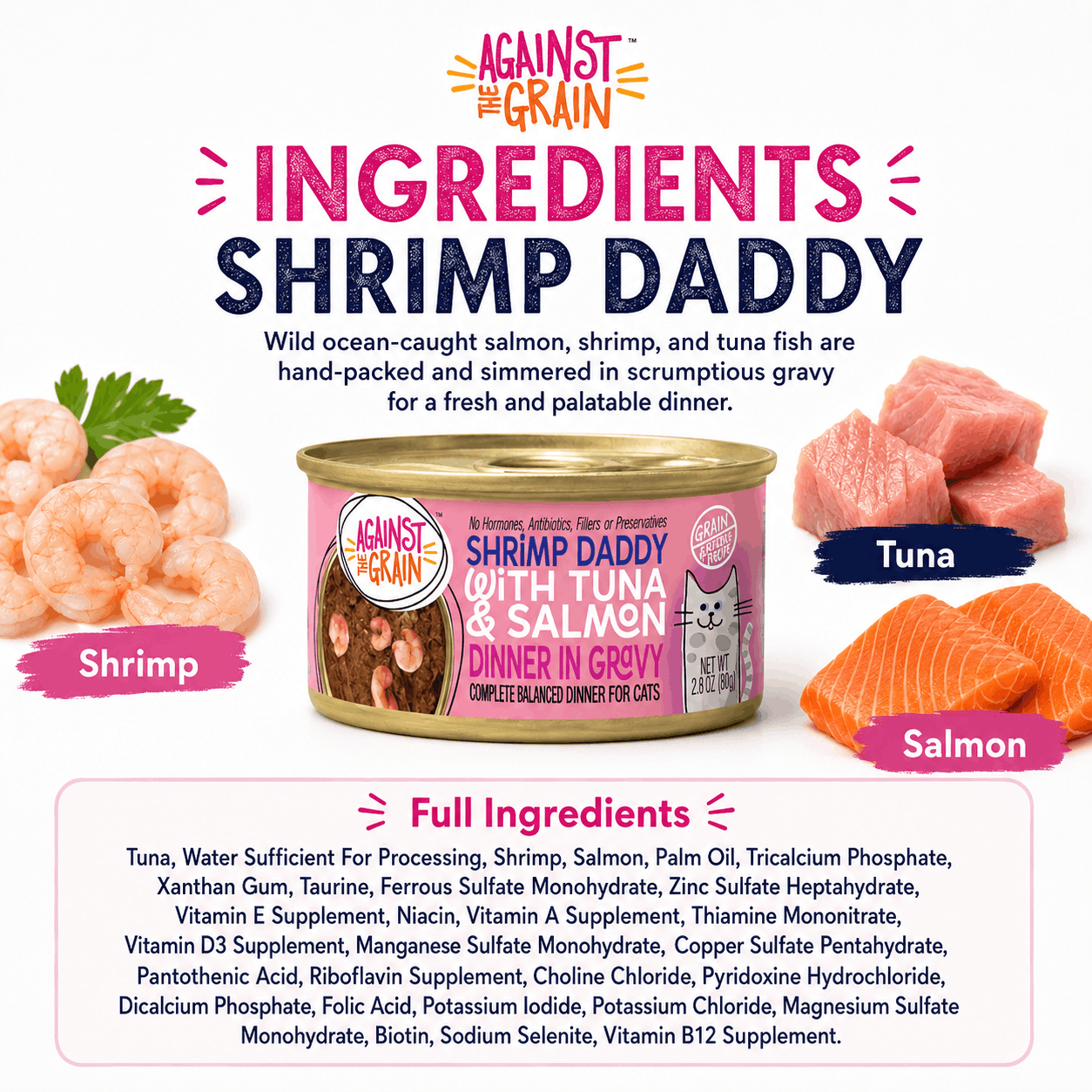 Can of Shrimp Daddy with Tuna & Salmon cat food featuring images of shrimp, tuna, and salmon; full ingredients list and product description are shown.