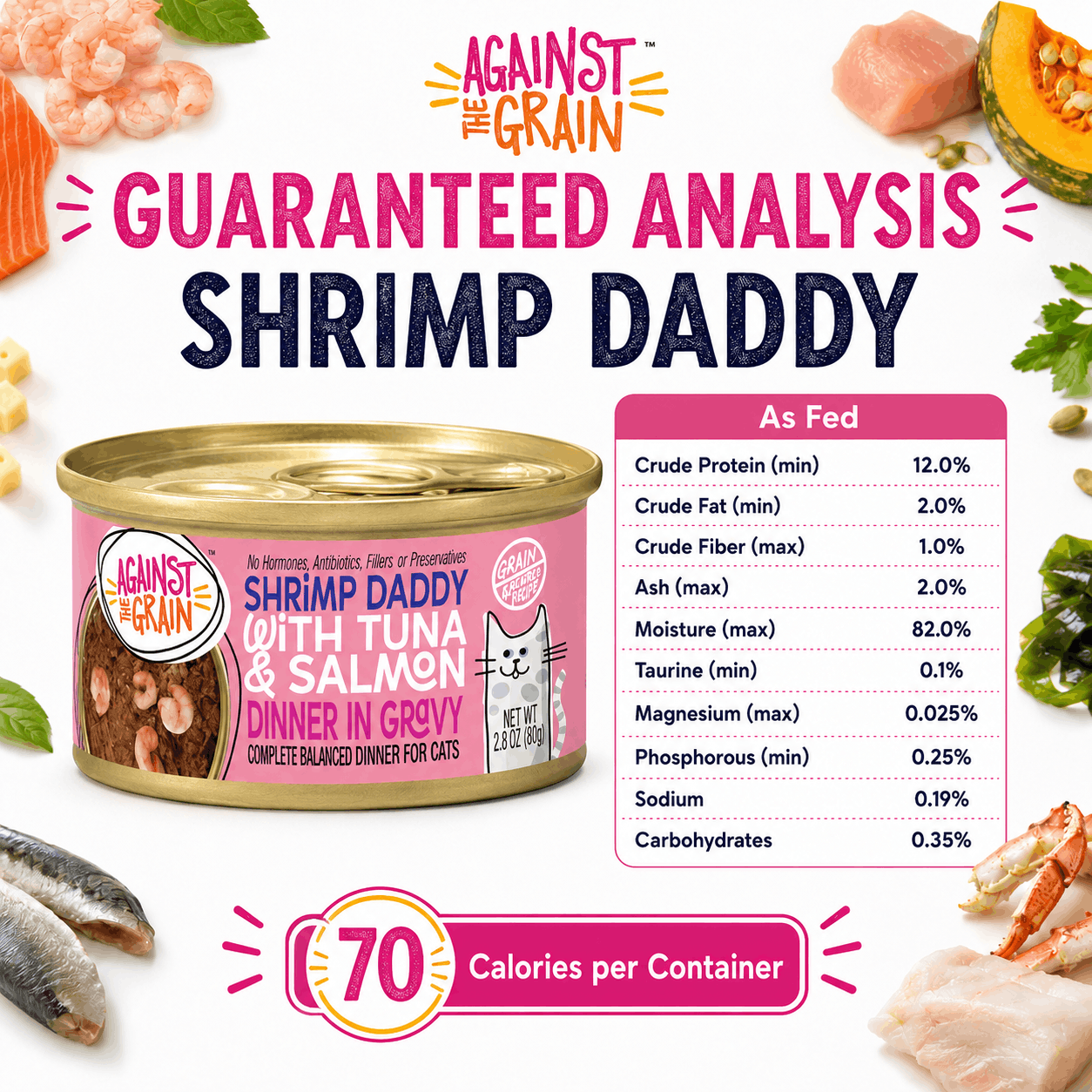 Can of Against the Grain Shrimp Daddy with Tuna & Salmon cat food in gravy, nutritional analysis chart, and "70 calories per container" highlighted.