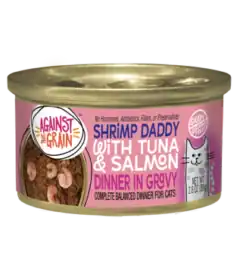 A can of Shrimp Daddy with Tuna & Salmon cat food, featuring a cartoon cat and images of the food on the label.