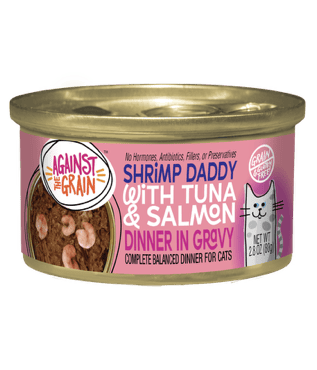 A can of Shrimp Daddy with Tuna & Salmon cat food, featuring a cartoon cat and images of the food on the label.