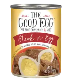A 10.5 oz (297g) can of The Good Egg - Steak 'n Egg pet food, featuring chunky steak and sliced egg in broth.