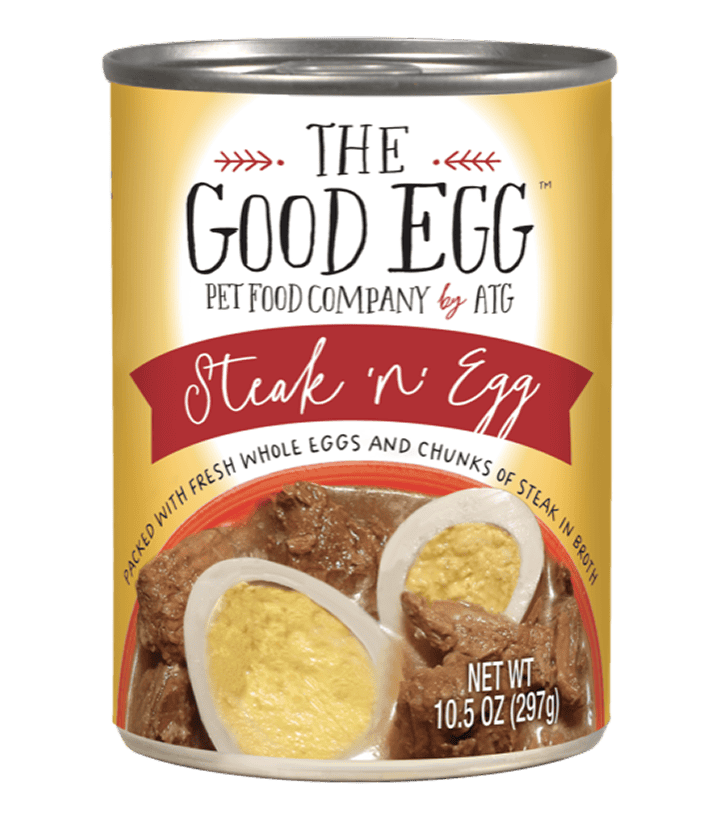 A 10.5 oz (297g) can of The Good Egg - Steak 'n Egg pet food, featuring chunky steak and sliced egg in broth.